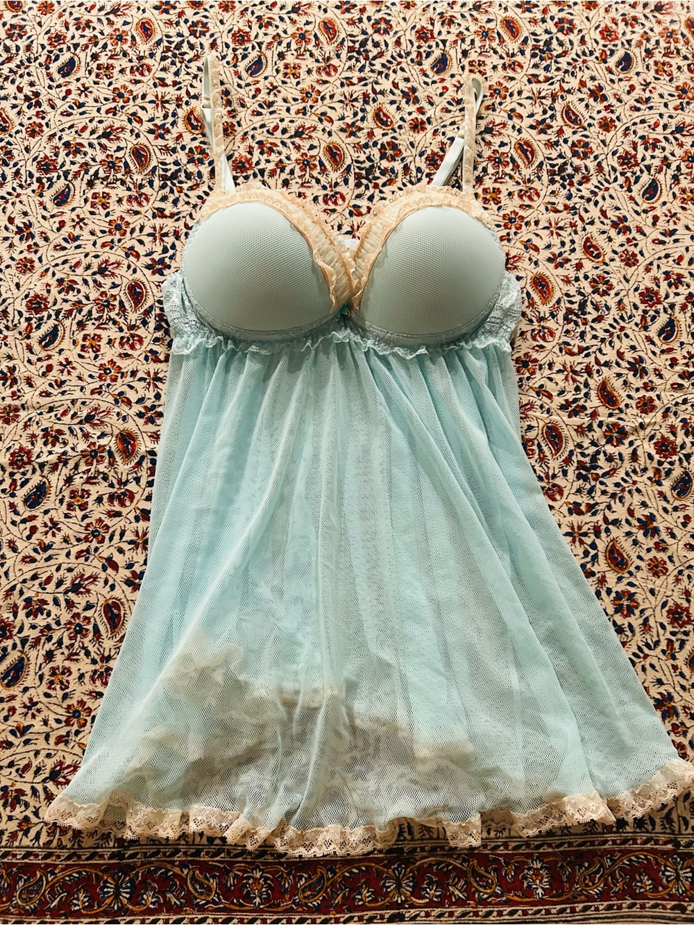 Frederick's of Hollywood Mint Blue Lace-Trim Babydoll Chemise
